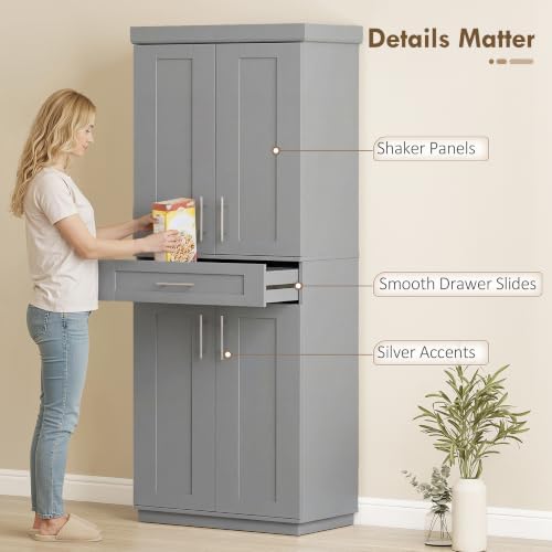HOMCOM 72" Kitchen Pantry Storage Cabinet, Freestanding Cupboard, Gray