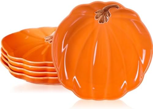 Rtteri 4 Pcs Pumpkin Ceramic Plates 8 Inch Thanksgiving Ceramic Pumpkin Platter Fall Versatile Serving Dish for Salads Fruit Dessert Smooth Textured Dinnerware Thanksgiving Fall Table Decoration