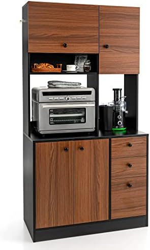 LOKO 71” Tall Kitchen Pantry Storage Cabinet with 3 Drawer, 4 Doors, Walnut