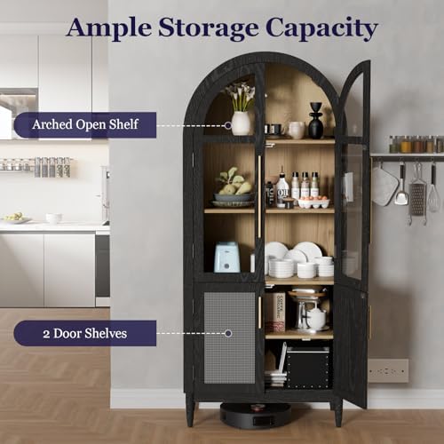 71" Tall Arched Cabinet with Glass Doors, Kitchen Pantry Storage Cabinet with Dust-Proof Rattan, 5-Tier Curio China Cabinet with Adjustable Shelves for Living Room Dining Room, Black