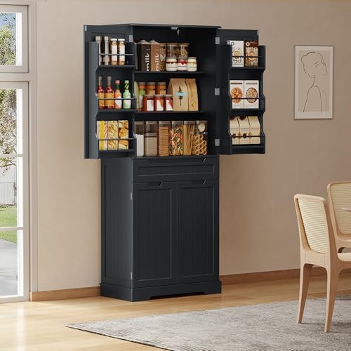 Gizoon Tall Kitchen Pantry Cabinet with Doors and Adjustable Shelves, Black
