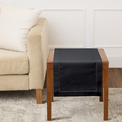 Solino Home Cotton Linen Table Runner Black Hemstitch, 14 x 36 in