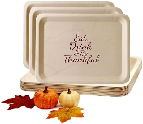 Perfect Stix 10-Inch Wooden Plates with “Eat Drink & Be Thankful” Printed in Burgundy – Eco-Friendly Disposable Dinner Plates – Fall Tableware for Thanksgiving & Friendsgiving Parties – Pack of 25