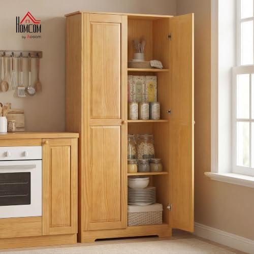 HOMCOM 67" Solid Wood Kitchen Pantry Storage Cabinet with Doors Brown