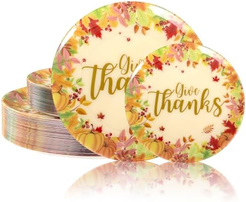 U-QE 50Pcs Thanksgiving Plastic Plates - Maple Leaves and Pumpkins Design