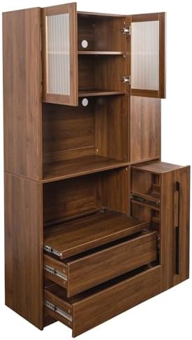 KEIKI 70.87" Tall Kitchen Pantry Storage Cabinet with Pull-Out Shelf, Side Shelves, 2 Drawers, Glass Doors & Microwave Stand, Freestanding Wood Hutch Food Pantries Cupboard for Dining Room