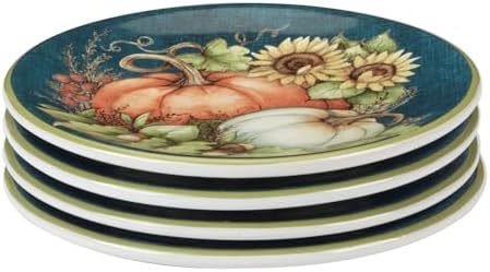 Autumn Breeze Set of 4 Earthenware Canape Plates – Delight guests with appetizers or desserts on these mini plates featuring charming autumn pumpkins and sunflowers 6"