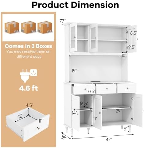 GIANTEX 77” Large Pantry Cabinet, Kitchen Buffet Hutch w/LED Lights 20 Colors, Outlet, 3 Drawers, Microwave Countertop, Freestanding Cupboard with 4 Adjustable Shelves & Tempered Glass Doors (White)