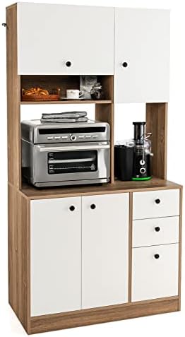 LOKO 71” Tall Kitchen Pantry Storage Cabinet with 3 Drawer, White & Natural