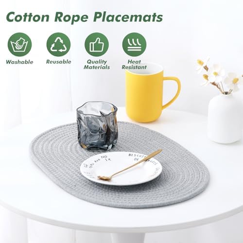 Oval Woven Placemats Set of 8 Heat Resistant Placemats 17.5 x 12 Inches Farmhouse Cotton Rope Place Mats for Dining Tables Trivets for Hot Dishes, Grey Set
