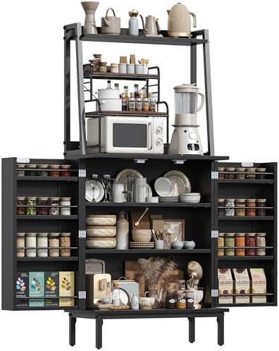 kepptory 51" Kitchen Baker's Rack with Storage, Microwave & Toaster Oven Stand, Freestanding Coffee Bar Station with Wine Glass Holder & Side Storage Shelves, Black