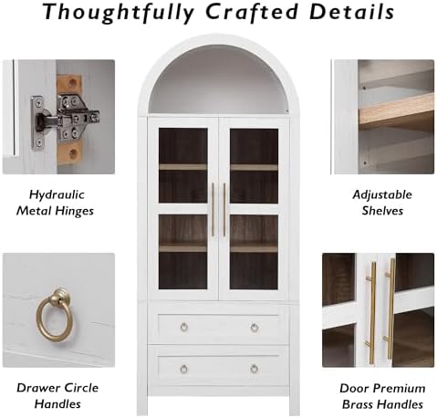 Merax 71" Tall Arched Farmhouse Pantry Cabinet with Glass Doors & 2 Large Drawers - Adjustable Shelves, Modern Kitchen Storage Cupboard for Dining Room, Living Room (30" W x 15.75" D), White