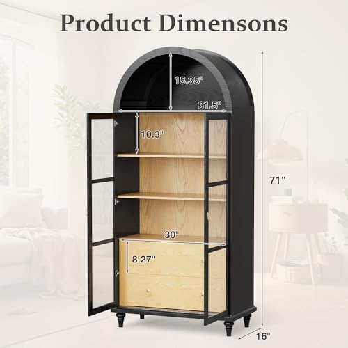 Shahoo 71" Tall Arched Kitchen Pantry, Kitchens Storage Cabinets with 2 Large Drawers and Adjustable Shelves, for Kitchen, Dining Room, Bathroom,Living Room, Black