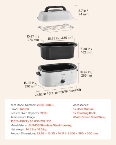 VEVOR Electric Roaster Oven, 22 Qt, Turkey Roasting Pan, White, Viewing Lid