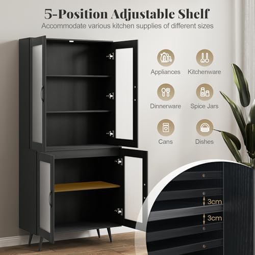 GIANTEX Kitchen Pantry Storage Cabinet, 70.5" Cupboard with 4 Transparent Doors, Adjustable Shelf & Metal Legs, Freestanding Tall Hutch Cabinet for Dining Room, Living Room, Office & Bathroom, Black