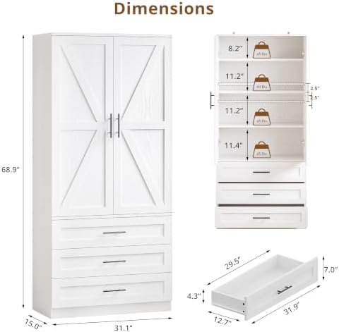 IRONCK Pantry Cabinet, 69 inch Tall Storage Cabinet with 3 Drawers, White