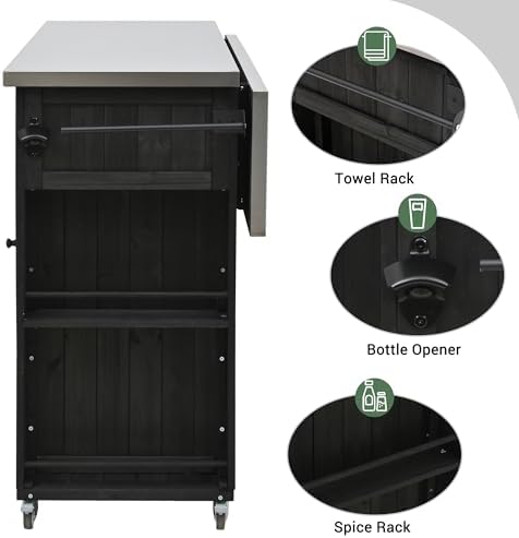 52.25" W Outdoor Kitchen Island Patio Grill Cart with Stainless Steel Tabletop, Storage Cabinet for BBQ, Bar