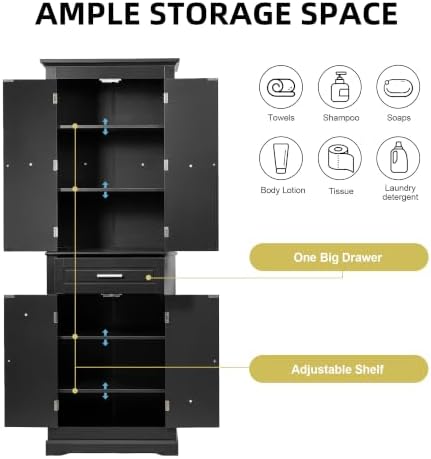Merax 70" Tall Kitchen Pantry Cabinet with Four Doors & One Drawer, Storage Cupboard for Living Room/Dining Room/Bathroom, Adjustable Shelves, Black