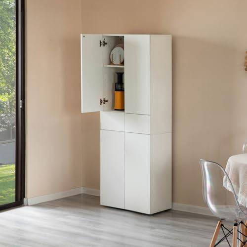 67-Inch Multi-Functional Kitchen Pantry Cabinet with 4 Doors, 3 Adjustable Shelves, 2 Cabinets with 1 Drawer – Elegant Freestanding Farmhouse Storage for Kitchen, Dining and Living Room (White)