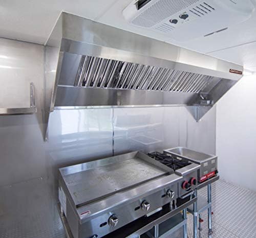 Food Truck Low Profile Exhaust Hood System Includes a stainless steel exhaust hood, an exhaust fan, an adjustable duct section, and installation hardware (8' Long Hood & Fan)