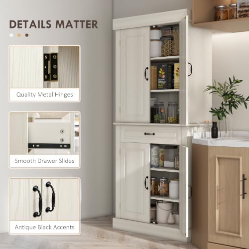 HOMCOM 71" Freestanding Kitchen Pantry Cabinet 4 Doors Distressed White