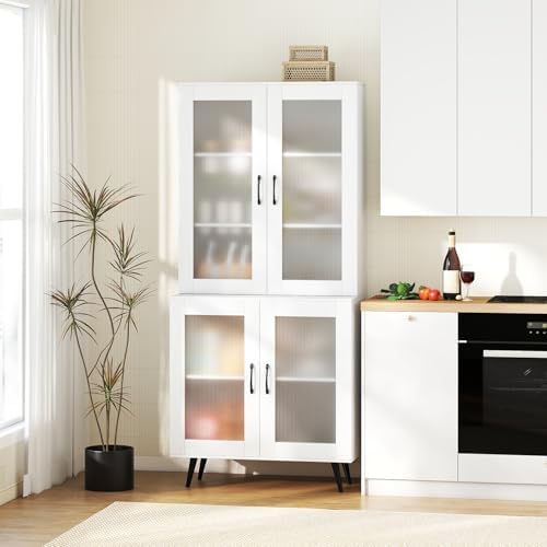 GIANTEX Kitchen Pantry Storage Cabinet, 70.5" Cupboard with 4 Transparent Doors, Adjustable Shelf & Metal Legs, Freestanding Tall Hutch Cabinet for Dining Room, Living Room, Office & Bathroom, White