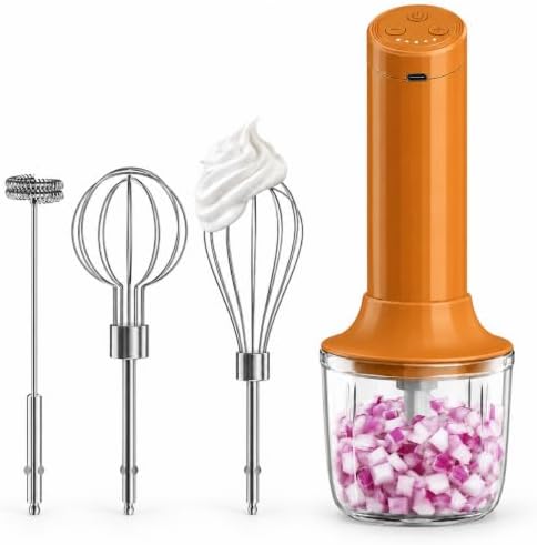 Cordless Hand Mixer, 4-in-1 Handheld Electric Mixer with Electric Whisk Frother & 10 oz Mini Food Chopper, USB-C Rechargeable 4-Speed Hand Mixer for Eggs, Cream, Coffee & Small-Batch Prep