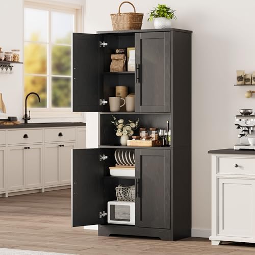 70" Kitchen Pantry Storage Cabinet, Freestanding Buffet Cabinet with Microwave Stand & 4 Door Shelves, Kitchen Hutch with Doors, Adjustable Shelves and Wine Rack, Black.