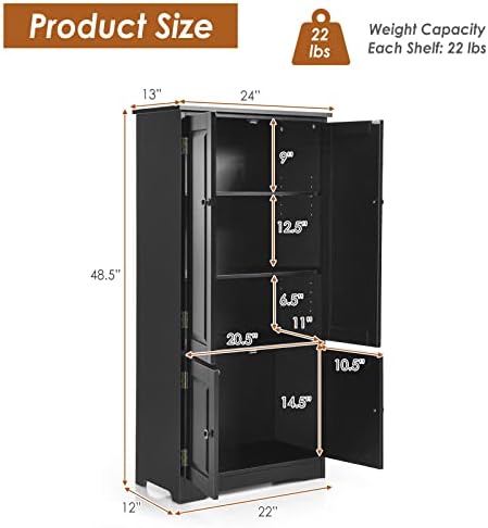 GIANTEX Kitchen Pantry Storage Cabinet, Wood Cupboard Organizer, Adjustable Shelf & Anti-Tilt Design Floor Cabinet for Living Room Bathroom (Black)