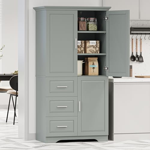 Merax 62.2" Pantry Cabinet with Three Doors & Three Drawers, Adjustable Shelves Storage Cupboard for Kitchen/Dining Room/Bathroom, Gray
