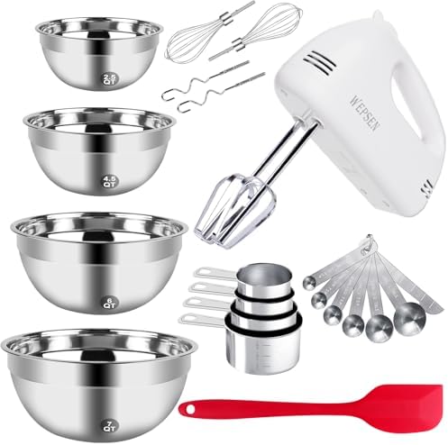 WEPSEN 5-Speed Electric Hand Mixer, 4 Large Mixing Bowls Set, Handheld Mixers with Whisks Beater, Stainless Steel Metal Nesting Bowl Measuring Cups Spoons Kitchen Cake Blender for Baking Supplies