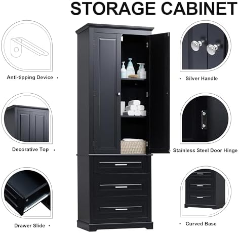 Merax 70" Pantry Cabinet with Two Doors & Three Drawer, Adjustable Shelves Storage Cupboard for Kitchen/Dining Room/Bathroom, Black