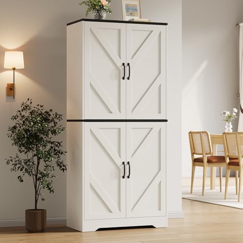 Garvee 70" Kitchen Pantry Cabinet, Farmhouse Tall Pantry Storage with Barn Doors and Adjustable Shelves, Wood Cupboard Locker for Kitchen, Dining Room, Living Room, Garage, White