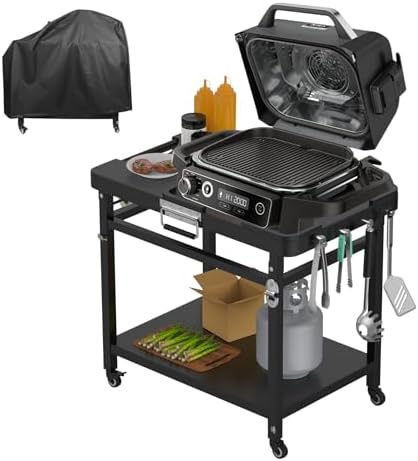 Outspark Grill Stand for Ninja Woodfire Outdoor Portable Prep Cart Table Station for Ninja XSKUNSTAND OG700 OG321 OG900 OO101 Series and Smoker Pizza Oven Accessories with Wheels & Grill Cover