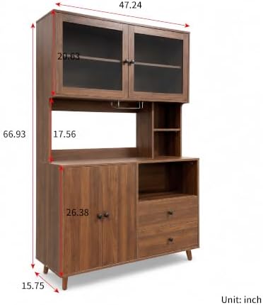 KEIKI 67" H Kitchen Pantry Storage Cabinet with Countertop, Glass Doors