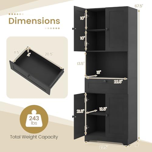 GIANTEX Kitchen Pantry Cabinet, 67.5" Tall Floor Storage Cabinet w/4 Doors & 1 Drawer, Modern Freestanding Bathroom Organizer w/Open Countertop & Adjustable Shelf for Dining Room, Living Room (Black)