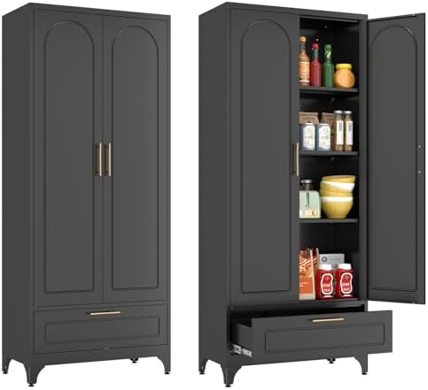 Polup 75" Tall Black Metal Pantry Storage Cabinet with 1 Drawer