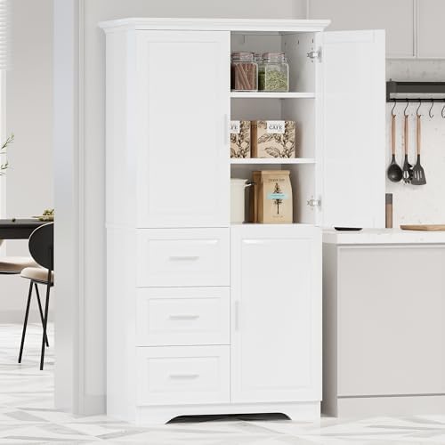 Merax 62.2" Pantry Cabinet with Three Doors & Three Drawers, Adjustable Shelves Storage Cupboard for Kitchen/Dining Room/Bathroom, White