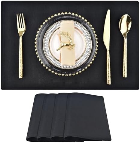 SLKQG Black Faux Linen Placemats Set of 4, Heat Resistant Washable Double Layer Cloth Place Mats for Dining Table, Wrinkle Resistant Linen Textured Farmhouse Kitchen Decor (4, Black)