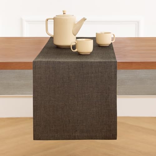 Solino Home 100% Pure Linen Table Runner Brown Woven, Athena 14 x 72 in