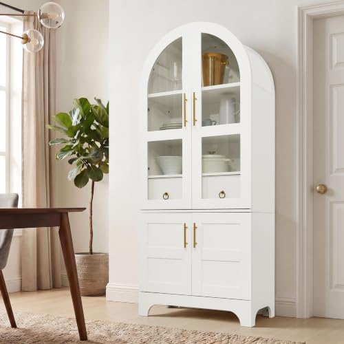 KEIKI 77" Arched Kitchen Pantry Cabinet with Glass Doors, White