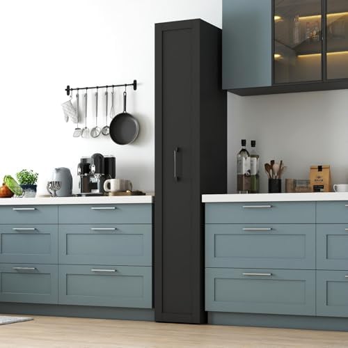KEIKI Pull-Out Kitchen Pantry Storage Cabinet with Multi-Tier Shelf & Wheels, Spice Rack Next to Fridge, Freestanding Wood Cabinet Hutch Food Pantries Cupboard for Dining Room, Narrow Spaces