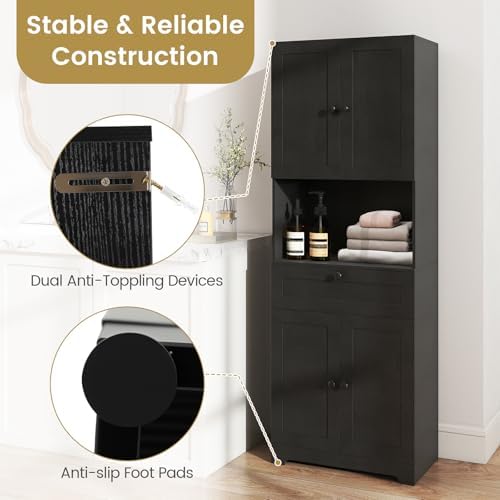 GIANTEX Kitchen Pantry Cabinet, 67.5" Tall Floor Storage Cabinet w/4 Doors & 1 Drawer, Modern Freestanding Bathroom Organizer w/Open Countertop & Adjustable Shelf for Dining Room, Living Room (Black)