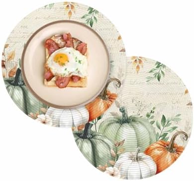 Fall Round Placemats Set of 2 Thanksgiving Sage Green Pumpkin Place Mats Washable Woven Placemat Floral Autumn Eucalyptus Leaves Circle Braided Table Mat for Kitchen Holiday Party Fall Decor 15 Inch