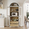IDEALHOUSE Arched Kitchen Pantry Cabinet,71'' Wood Storage Cabinets Bookcase,Farmhouse Storage Display Cabinet with Glass Doors,2 Large Drawers,Versatile Cupboard for Living Room,Dining Room(White)