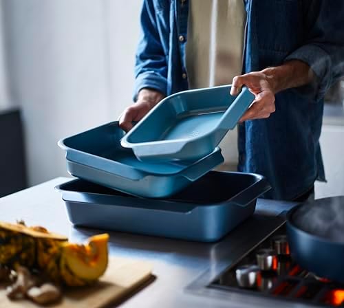 Joseph Joseph Nest Bakeware and Roasting Pan, Carbon Steel Baking Pan with Non-Stick Coating, Easy-Pull Handles, Organized Kitchen Storage, Large, Blue