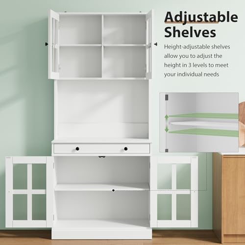 Garvee 72 Inch Kitchen Pantry Cabinet with Glass Doors, Drawer and Adjustable Shelves, Farmhouse Tall Storage Cabinet with Open Countertop, Coffee Bar Cabinet for Coffee Corner, White