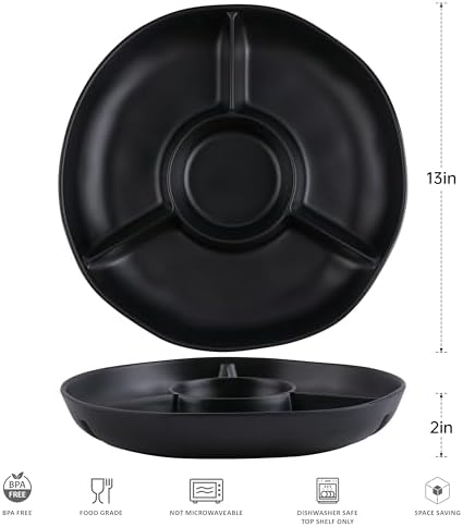 Chip & Dip Serving Tray Set, 4 Sectional Round Melamine Serving Platter, Relish Tray, Round Compartment Appetizer platter for Veggies, Candy and Snacks, Matte Black, Set of 2