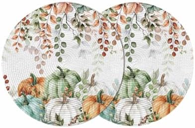Fall Round Placemats Set of 2 Thanksgiving Autumn Eucalyptus Leaf Place Mats Woven Placemat Sage Green Maple Leaves Pumpkin Circle Braided Table Mat for Kitchen Holiday Party Fall Decor 15 Inch