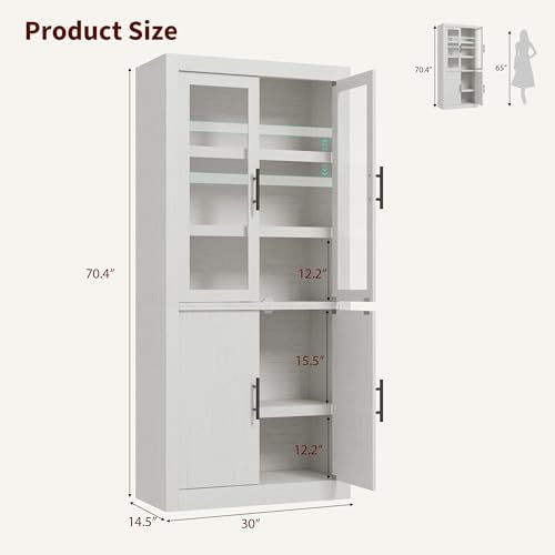 Farmhouse Kitchen Pantry Storage Cabinet, 70.5" Tall Wood Cupboard with 4 Doors and Adjustable Shelves, Rustic White Freestanding Organizer for Kitchen, Dining Room, White